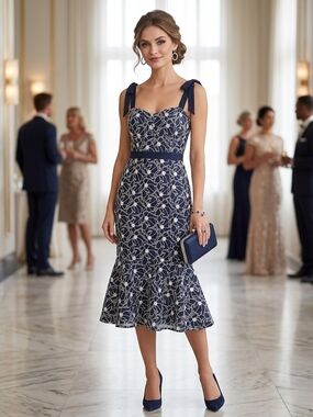 J. Crew Navy & White Floral Tie-Shoulder Midi Dress Size 6